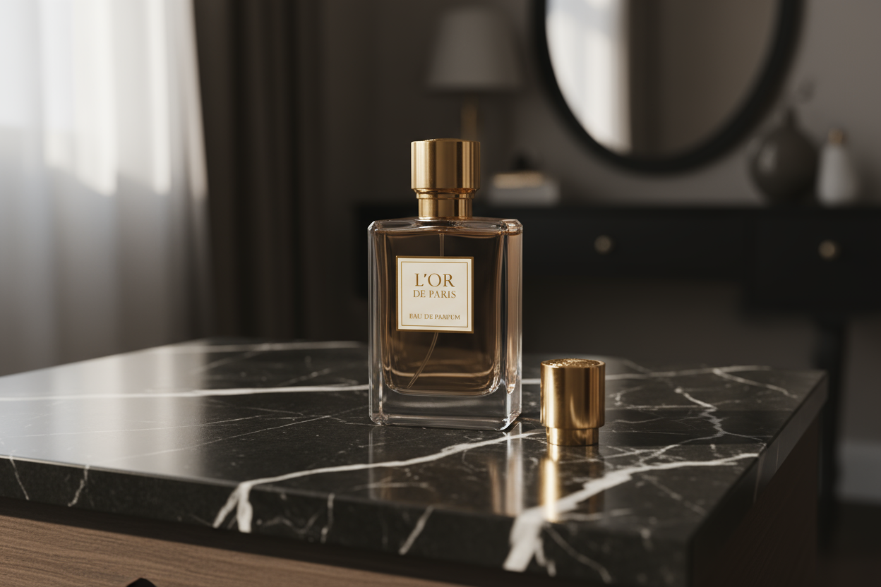 Luxury perfume bottles with gold accents on a black background, elegant imported fragrances collection.