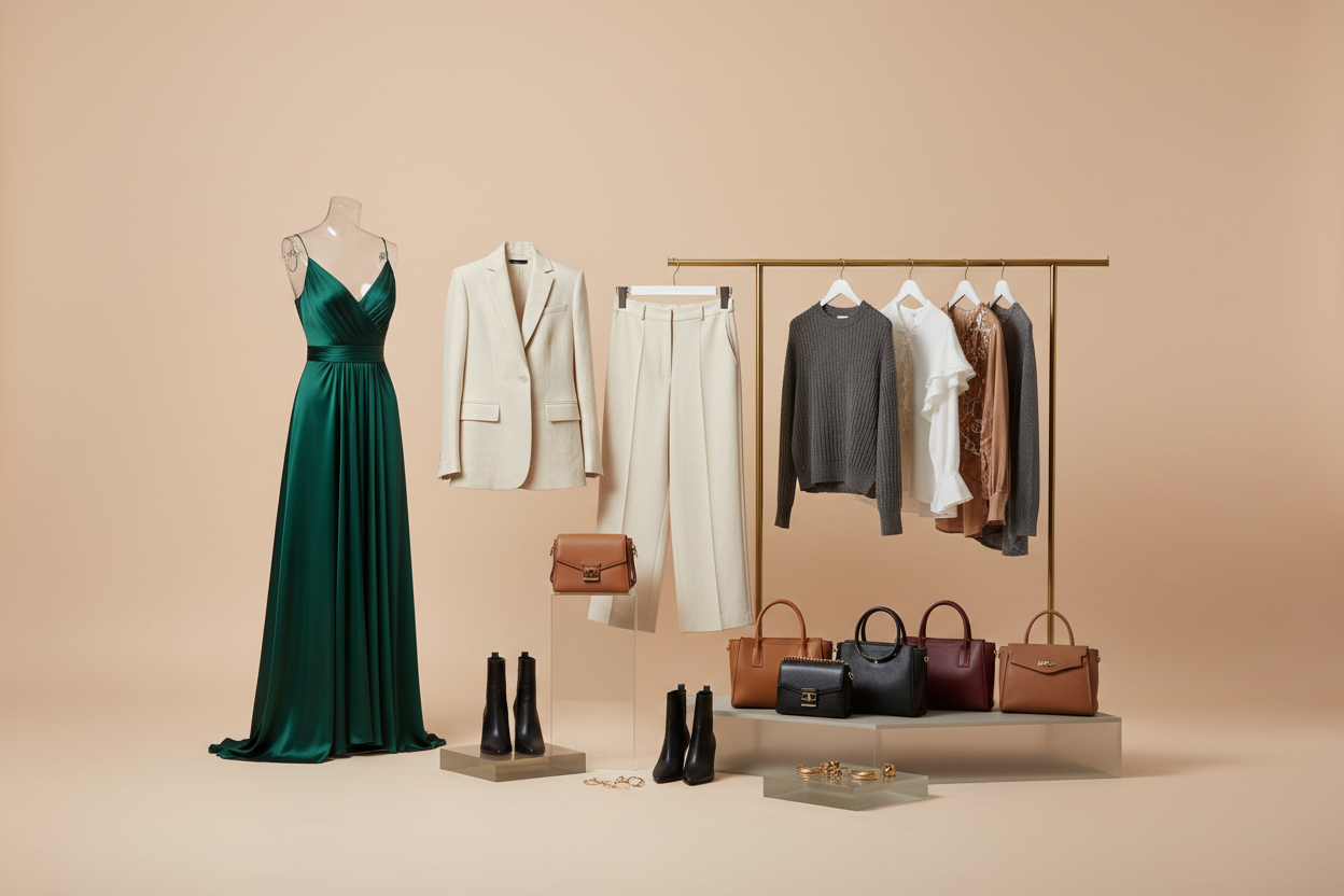 Fashion collection displayed on a simple backdrop